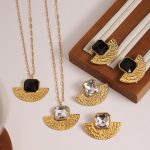 Stainless Steel Fan-Shaped Glass Stone Earrings Clavicle Chain Plated 18K Real Gold Mid-Ancient Jewelry Set