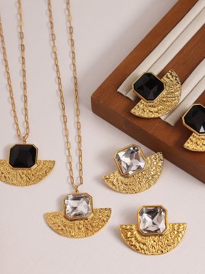 Stainless Steel Fan-Shaped Glass Stone Earrings Clavicle Chain Plated 18K Real Gold Mid-Ancient Jewelry Set