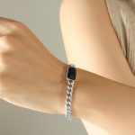 color: E378-Steel Color Black Glass Stone Bracelet -15+5cm