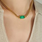color: P1337-Gold Green Glass Stone Necklace -40+5cm