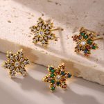 Handmade Inlaid Snowflake Zircon Stud Earrings Stainless Steel Earrings Refined Grace PVD Electroplated 18K Real Gold for Women
