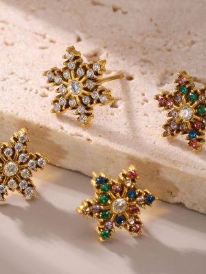 Handmade Inlaid Snowflake Zircon Stud Earrings Stainless Steel Earrings Refined Grace PVD Electroplated 18K Real Gold for Women