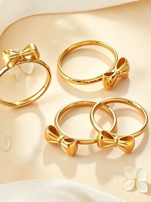 Gentle Temperament Three-Dimensional Bow Ring Stainless Steel 18K Gold Plating Advanced Sweet Beauty