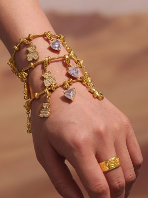 Bear Full Diamond Super Flash 5A Zircon Multi-Accessories Cute Bracelet Stainless Steel Plated 18K Real Gold Ornament