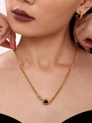 Black Agate Vachette Clasp Diamond Set Necklace Bracelet Open-Ended Bracelet Ornament Stainless Steel 18K Gold Plating