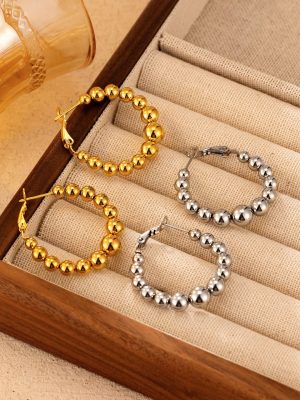 Round Welding Beads Stainless Steel Earrings 18K Gold Plating Women's Elegant All-Match High-Grade Earrings