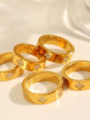 Ring Clover Zircon Stainless Steel Sweet Loving Heart Diamond
