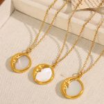 Ins18k Gold Stainless Steel Necklace Female French Natural White Shell Star Moon round Pendant Chain