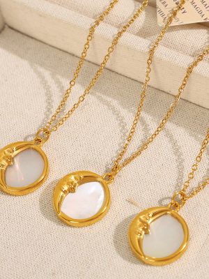 Ins18k Gold Stainless Steel Necklace Female French Natural White Shell Star Moon round Pendant Chain