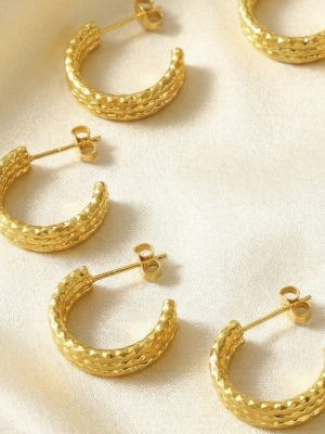 Stainless Steel Three-Layer Pleated Texture C- Shaped Earrings Exquisite Cold Earrings Plated 18K Gold Color Protection