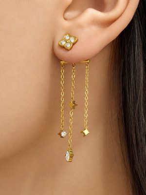 Four-Leaf Flower Zircon Pendant Stainless Steel Earrings Tassel Long Earrings Women's Advanced Light Luxury