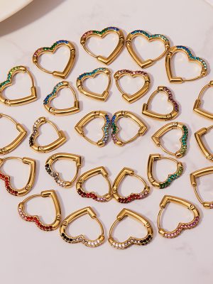 Heart Color Zircon Buckle Earrings Stainless Steel Plated 18K Real Gold All-Match Earrings