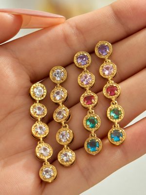 Light Luxury Oval Mixed Color Zircon Clavicle Chain Stainless Steel Commuter Bracelet Necklace and Earrings Suite