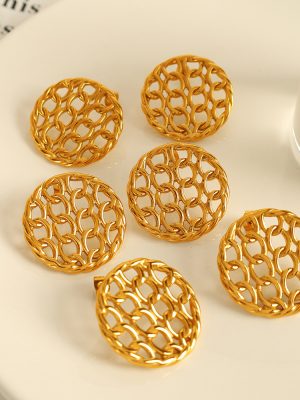 French Elegant Personalized Earrings Unique Chain Stitching Disc Mesh Hollow-out Design Stainless Steel Gold Plated Ear