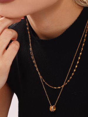 With Love Three-Ring Mixed Color Diamond-Embedded Stainless Steel Zircon Clavicle Twin Necklace Jewelry Light Luxury