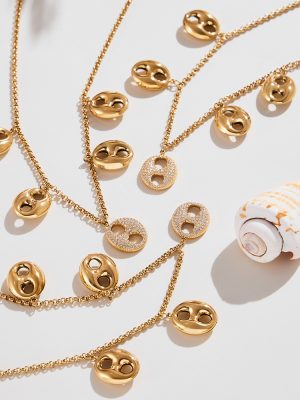Stainless Steel Pig Nose Button Zircon-Inlaid Pendant Necklace Stitching Bracelet Plated 18K Gold Accessories