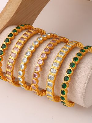 New Mild Luxury Retro Multi-Color Zircon Opening Bracelet Stainless Steel Twin All-Match C- Shaped