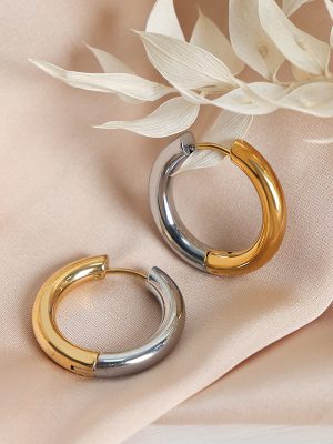 New Premium Design Simple Stainless Steel Gold Plated round Ring Earrings Two-Tone Ear Hoop Jewelry Female Ear Clip