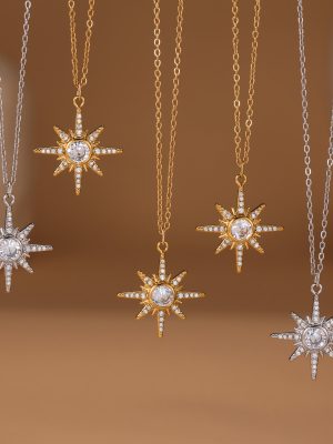 5A Zircon Diamond Eight Awn Star Double-Layer Necklace 18K Gold Plating All-Match Stainless Steel Ornament