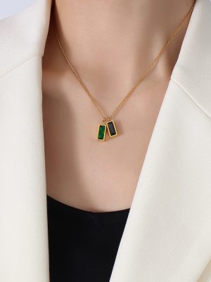 Marka French Design Stainless Steel 18K Gold Plating Emerald Zircon Pendant Necklace Ornament Women