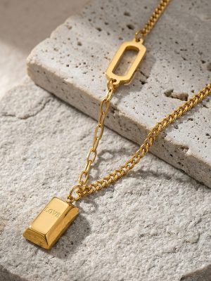 Lucky Small Gold Bar Pendant Clavicle Chain Stainless Steel Letter Lettering Plated 18K Real Gold Necklace