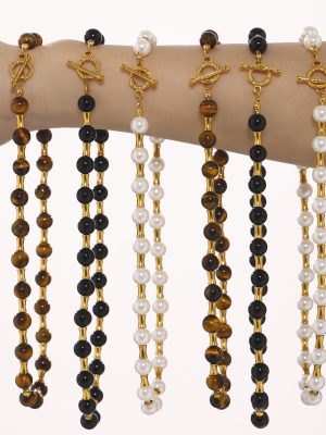 Tigereye Shell Pearls Necklace Stainless Steel Bamboo Joint OT Buckle Clavicle Chain Neck Chain Jewelry 316L