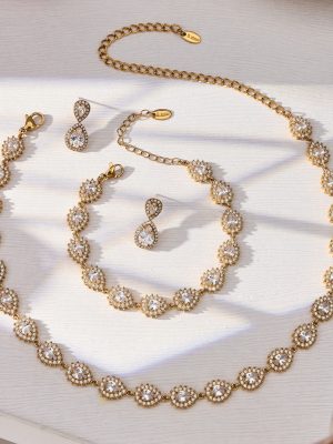 Stainless Steel 5A Zircon Necklace Earring Bracelet Light Luxury Three-Piece Set Ornament