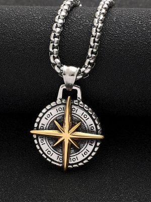 Direction Compass Compass Cross Pearl Chain Necklace Stainless Steel Retro Pendant Ornaments