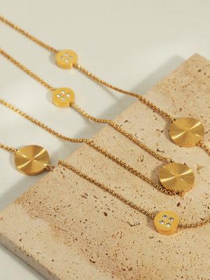 Mid-Ancient New Versatile Design Stainless Steel Gold-Plated Diamond round Buckle Pendant Sweater Chain Necklace Ornament