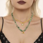 Green Strawberry Natural Stone Fishtail Shell Pendant Square Snake Chain Oval Aquamarine Double Layer Twin Necklace