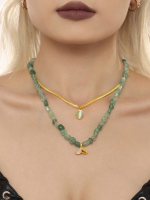 Green Strawberry Natural Stone Fishtail Shell Pendant Square Snake Chain Oval Aquamarine Double Layer Twin Necklace