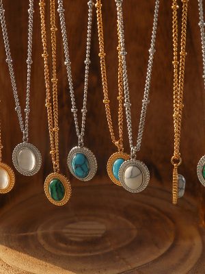 French Bohemian Personality Retro Turquoise Opal Inlaid Necklace Earrings Jewelry Set for Women