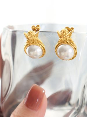 French Court Retro Fanhua Light Luxury Simple Stainless Steel Ear Studs Angel Baby Inlaid Earrings Jewelry Female