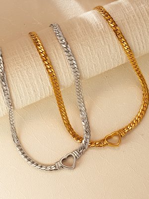 Exaggerated Personalized Cuban Link Chain Heart-Shaped Ring Necklace Stainless Steel 18K Gold Plated Light Luxury Jewelry