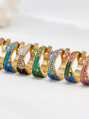 Stainless Steel Colorful Crystals Ear Clip Plated 18K Real Gold X Ear Ring Non-Fading Advanced