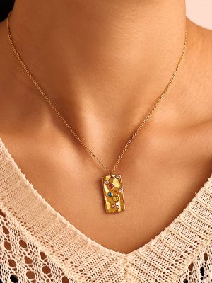 Square Plate Colorful Zircon Pendant Double Layer Necklace Women's Design Stainless Steel Gold Plated Colorfast Ornament