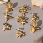 18K Gold Starfish Shell Zircon Opening Index Finger Ring Summer Marine Stainless Steel Personality Ring