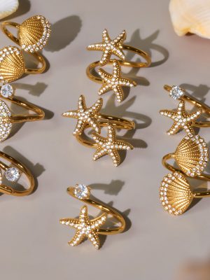 18K Gold Starfish Shell Zircon Opening Index Finger Ring Summer Marine Stainless Steel Personality Ring