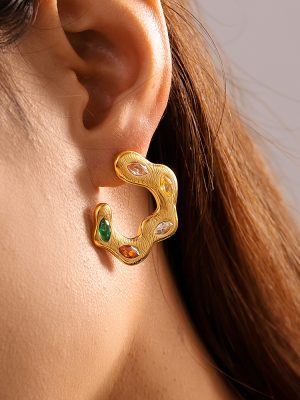 Dopamine Zircon Irregular C- Shaped Earrings Light Luxury Stainless Steel 18K Gold Plating Fashionable Earrings