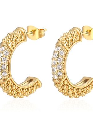 French Style Diamond Stainless Steel Earrings Premium Retro Classic Style Women's Simple 18K Gold Earrings