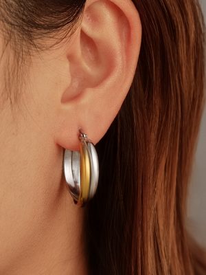 Spherical round 18K Gold Plating Two-Tone Women's Stainless Steel Earrings Simple Earrings
