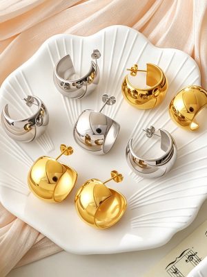 Simple Glossy Wide Surface C- Shaped Earrings Stainless Steel 18K Gold Plating Advanced Semicircle Design Earrings