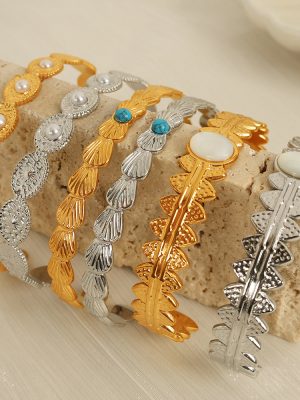 Bracelet C Word Opening Bracelet Shell Design Leaves White Pearl Bracelet Simple
