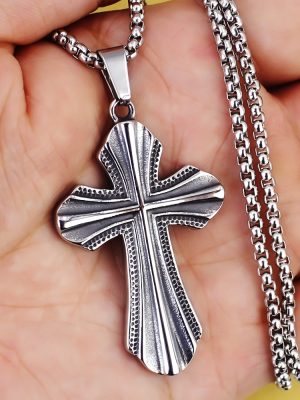 Carven Design Cross Pendant Necklace Frosted Hemp Point Vintage Stainless Steel Men