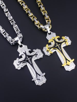 Double-Layer Corrosion Oiled Cross Pendant Necklace Stainless Steel Men's Ornament