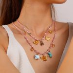 Pink Rope Bear Strawberry Necklace Butterfly Heart Shape with Diamond Sweet Cool Necklace Bracelet Set
