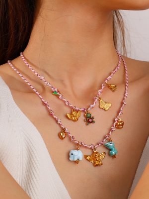 Pink Rope Bear Strawberry Necklace Butterfly Heart Shape with Diamond Sweet Cool Necklace Bracelet Set