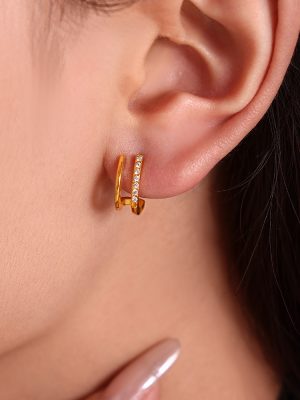 Simple Earrings with Gang Drill Double-Layer Small C- Shaped Earrings Everyday Joker Color-Retaining Light Luxury Earrings