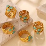 Retro Atmosphere Natural Stone Hollow Multi-Layer Wave Ring Stainless Steel 18K Gold Plating Advanced