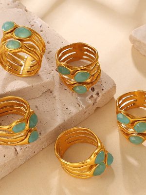 Retro Atmosphere Natural Stone Hollow Multi-Layer Wave Ring Stainless Steel 18K Gold Plating Advanced